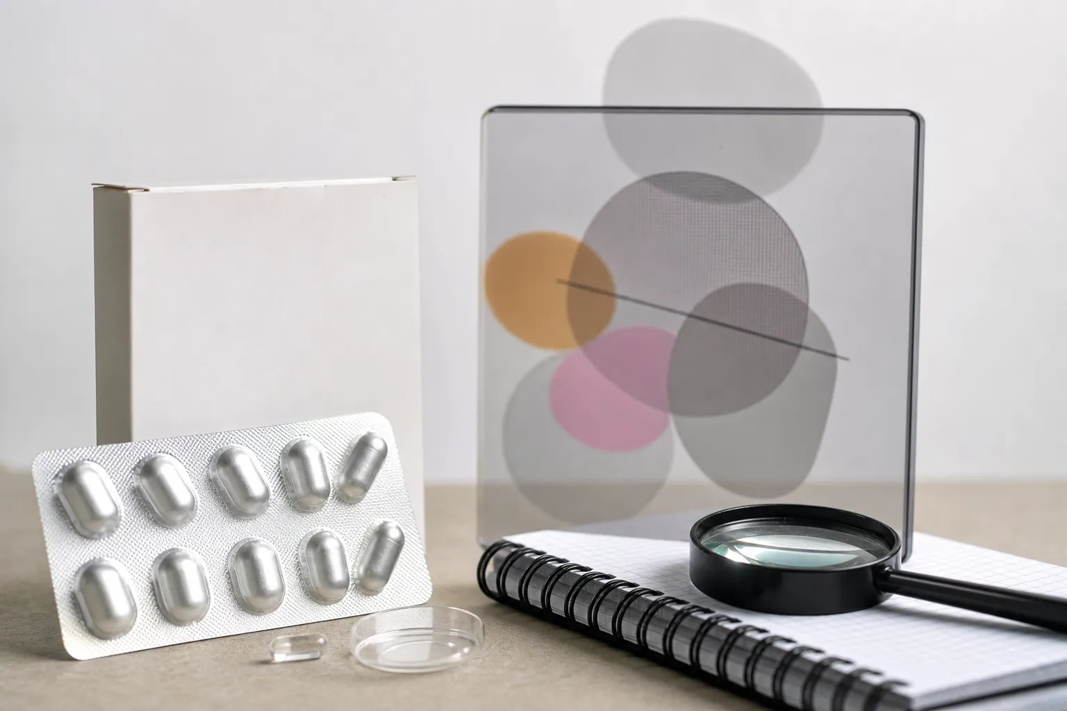 Emballage et loupe entourés de bulles de texte vides, sans aucune promesse