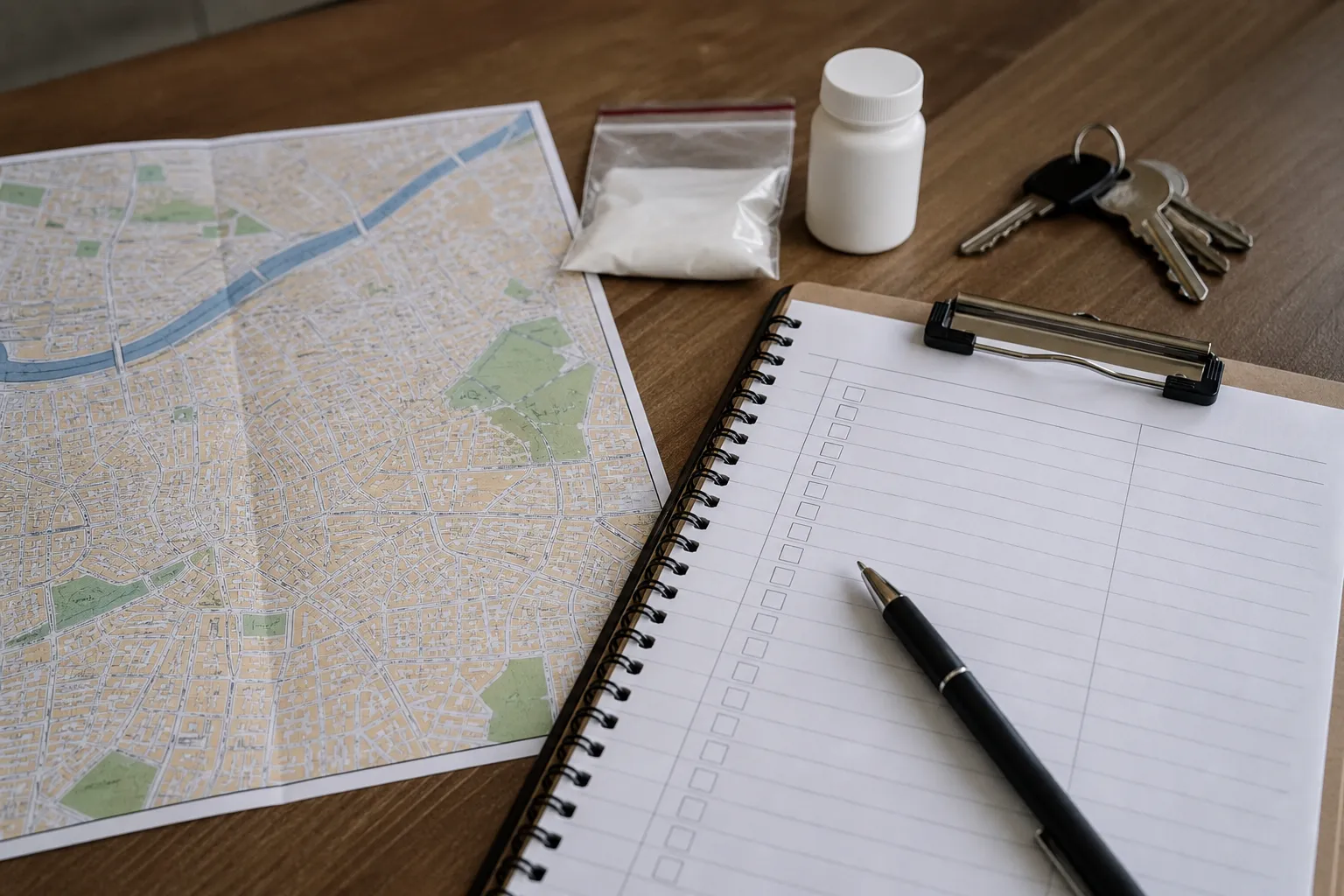 Plan papier déplié, carnet, clés de voiture et deux produits prêts à partir