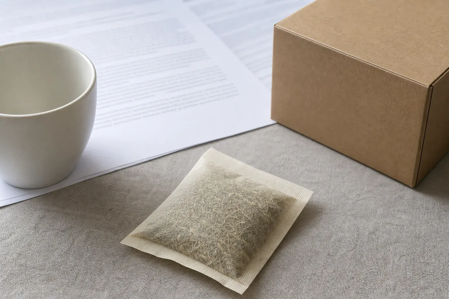 Sachet d’infusion, boîte alimentaire et document réglementaire posés ensemble