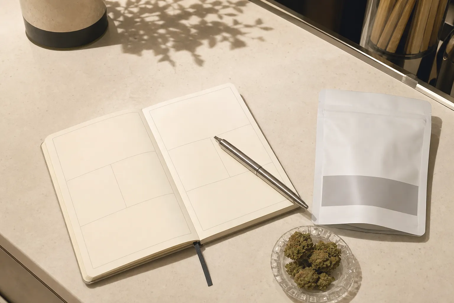 Carnet de questions, stylo et emballage posés sur un comptoir crème