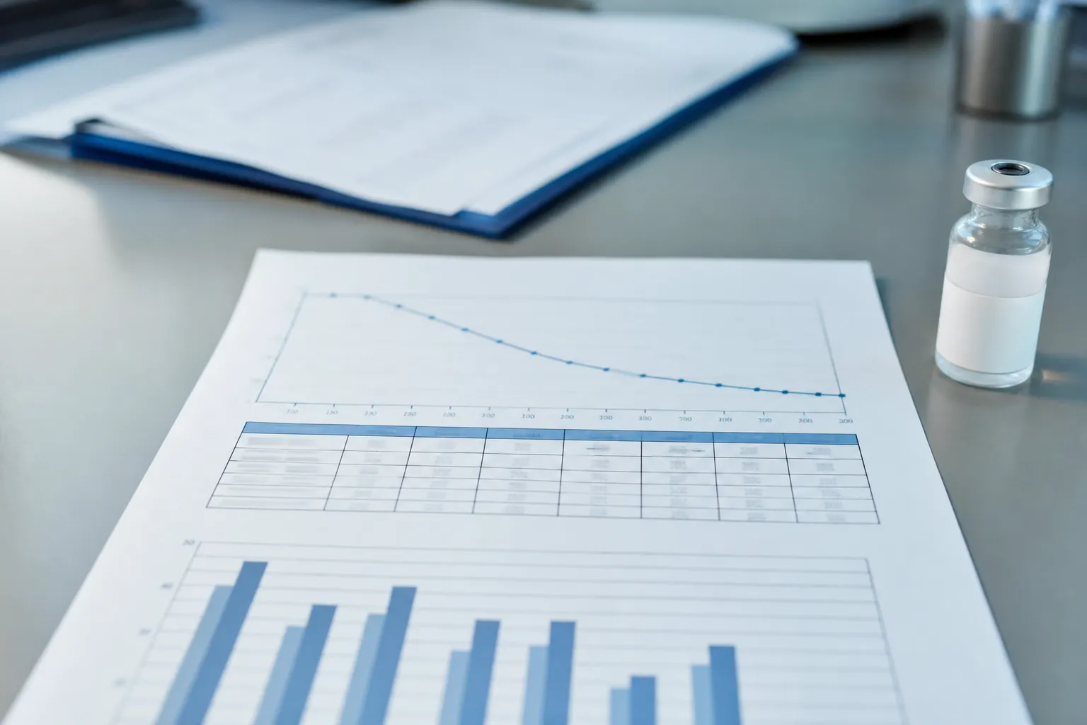 Feuille d’analyse ouverte sur son tableau de mesures, à côté d’un flacon
