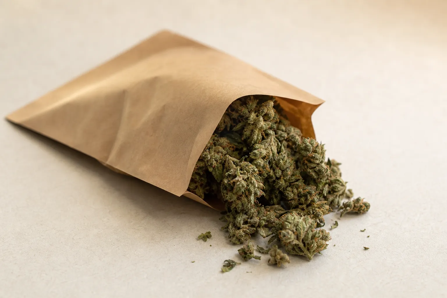 Sachet kraft ouvert laissant voir des fleurs de chanvre sèches entières