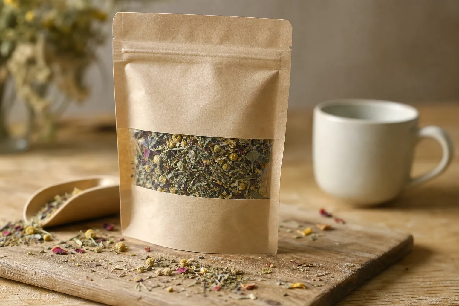 Mélange végétal sec pour infusion à côté d’un sachet ouvert et d’une tasse vide